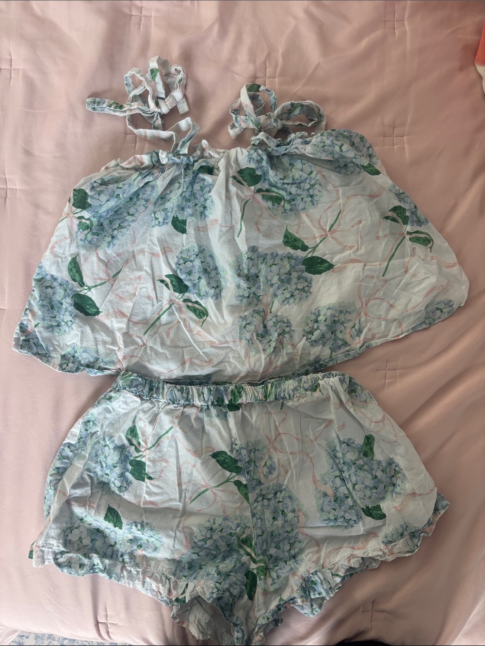 Hydrangea Floral Light Blue Two-Piece Women's Pajama Set